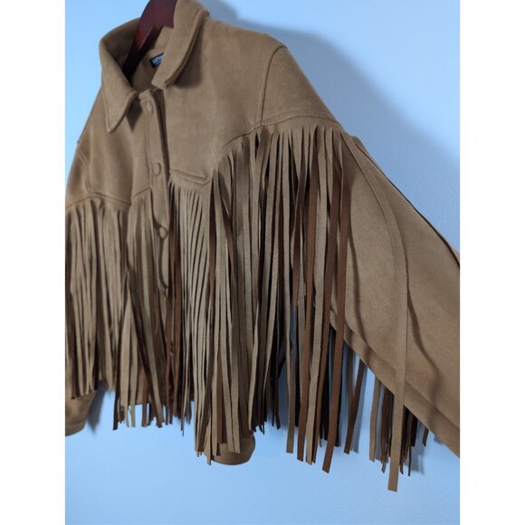 Nasty Gal Women's Camel Tan Fringe Faux Suede Jacket Western Cowgirl Size Small - Picture 15 of 16